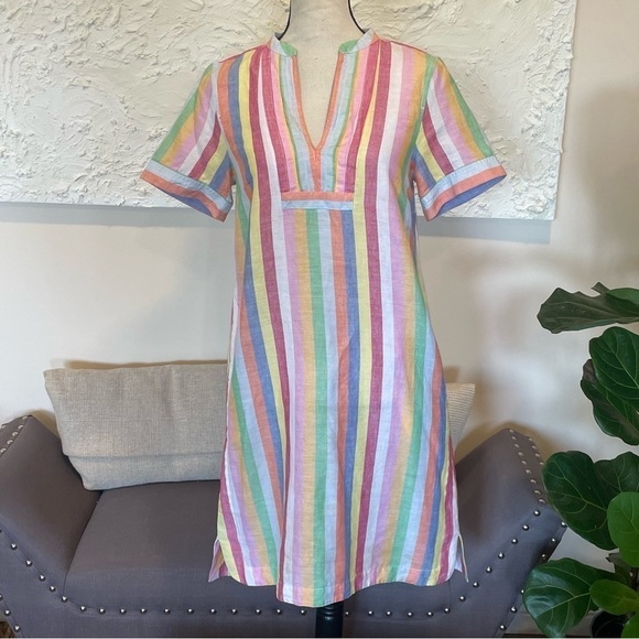 J Crew Women's Rainbow Candy Striped Pockets Linen Blend Dress Sz XXS - Picture 2 of 9
